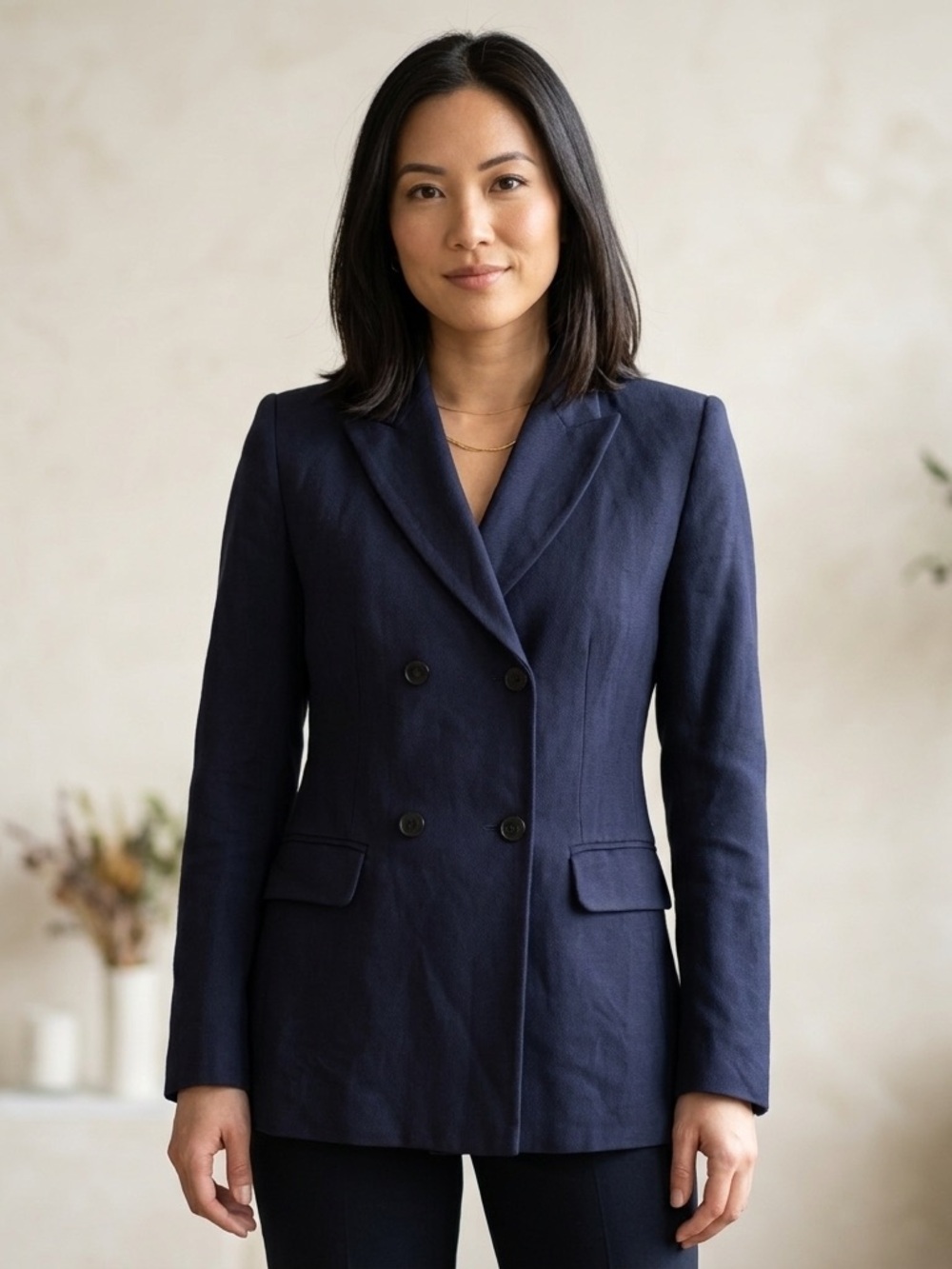 Sandro Sz XS (34) Navy Linen Cotton Double Breasted Blazer